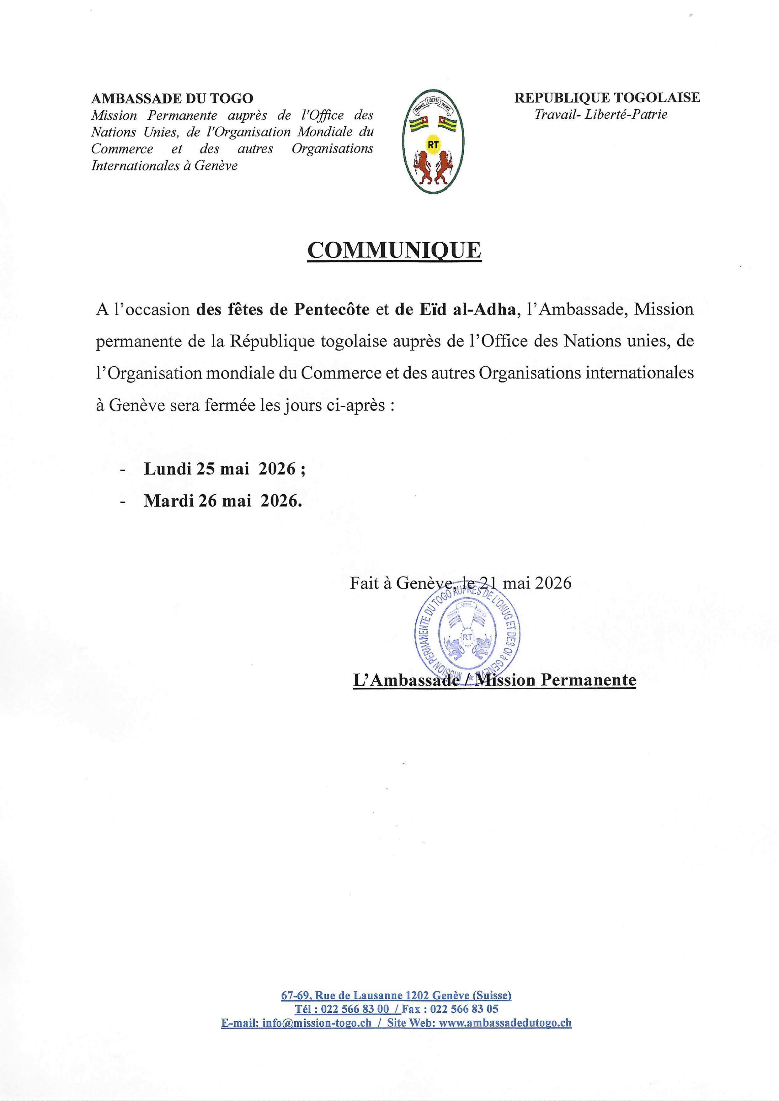 FERMETURE DE L'AMBASSADE — LUNDI 25 ET MARDI 26 MAI 2026 (Pentecôte & Aïd al-Adha)